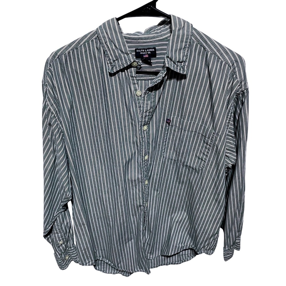 VTG Ralph Lauren Jeans Mens Large Grey White Striped Cotton Button Down Shirt